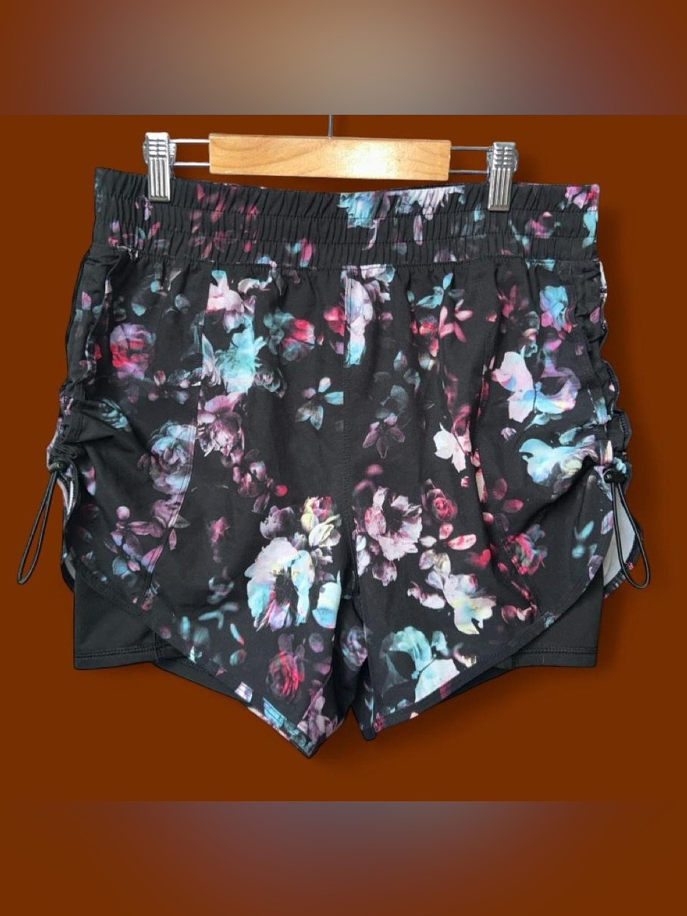 Avia Black Floral Athletic Shorts with Pink & Blue Accents